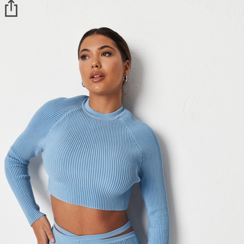 Missguided re_styld blue co ord rib knit long sleeve crop top